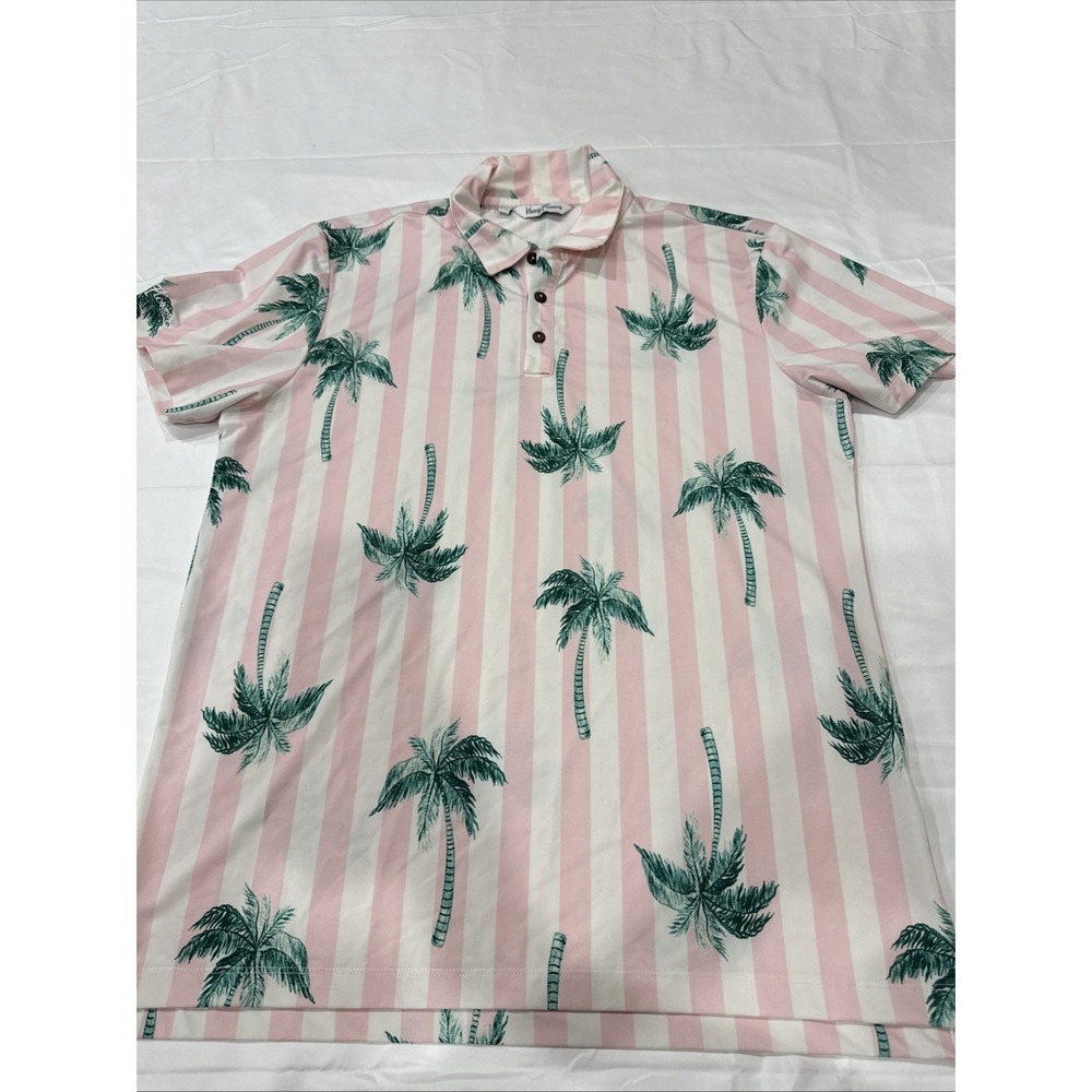 Kenny Flowers Polo Shirt Mens Sz M Pink White Palm Tree Stripe Stretch Portugal